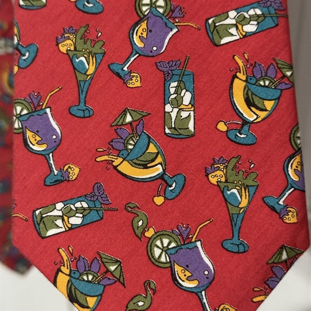Vintage Red Tie Rooster Drinks Tropical Vacation Necktie Mens Cotton